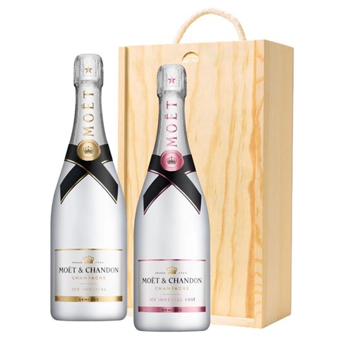 Moet Ice White and Moet Ice White Rose Double Pine Wooden Gift Boxed (2x75cl)